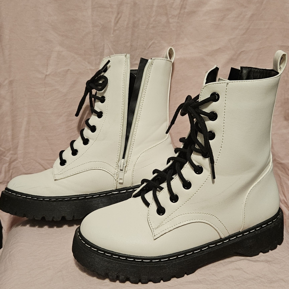 Forever 21 White Combat Boots with Black Soles